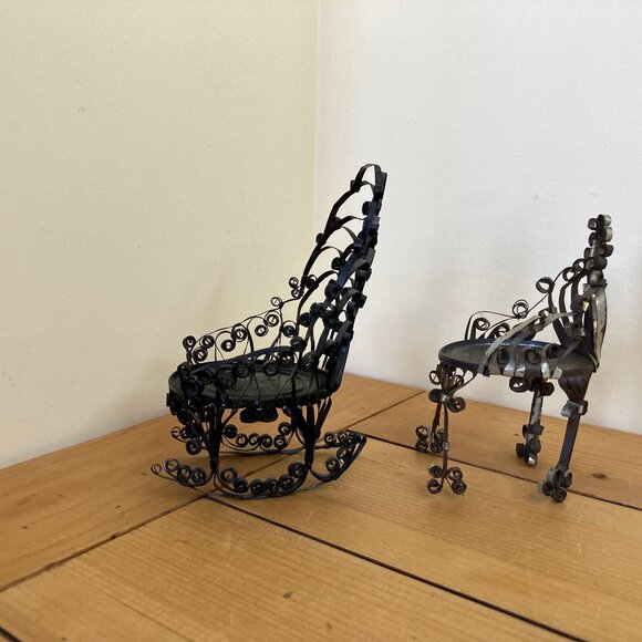 Tin Can Doll Chairs Set of 2 Vintage Folk Tramp Art Mini Furniture Rocking Chair - Picture 5 of 8